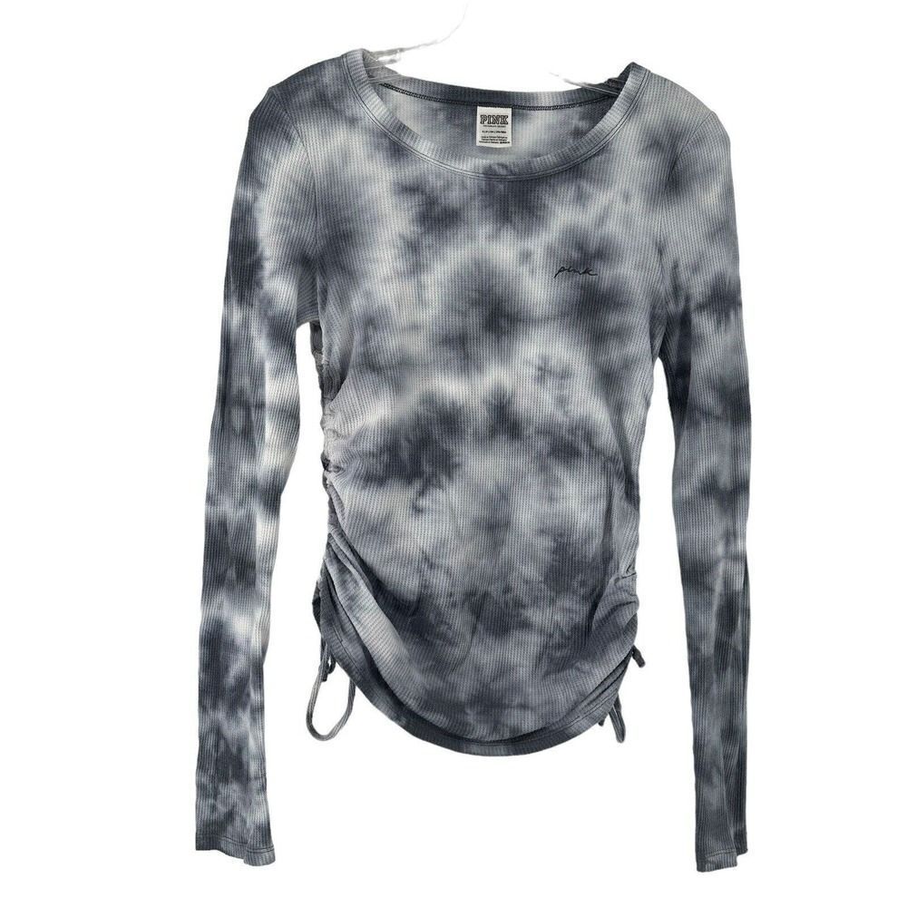PINK Victorias Secret Tie Dye Long Sleeve Top Blue Cinched Size S Waffle Knit